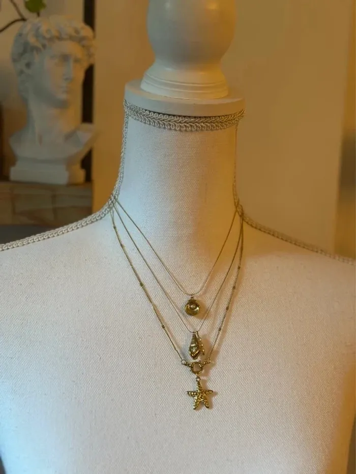 Set 3 colliers dorés pendentifs coquillage perle étoile de mer acier inoxydable – Neuf - photo numéro 7