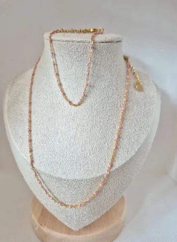 Parure 2 bijoux : collier ras du cou + bracelet dorée or acier inoxydable perles rose