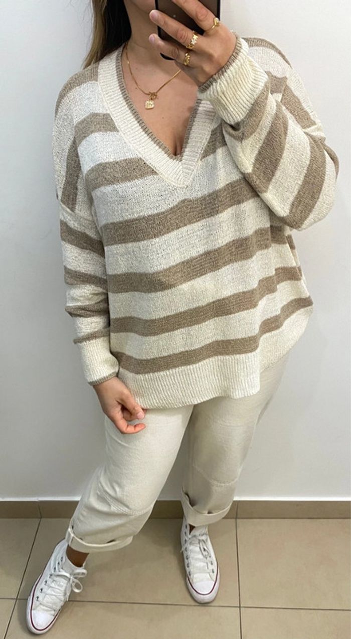 Superbe Pull Ample Fin Bicolore Col V Taille M Et Plus - photo numéro 6