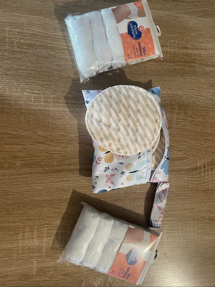 Lot maternité – coussinets lavables + slips jetables taille 42/44