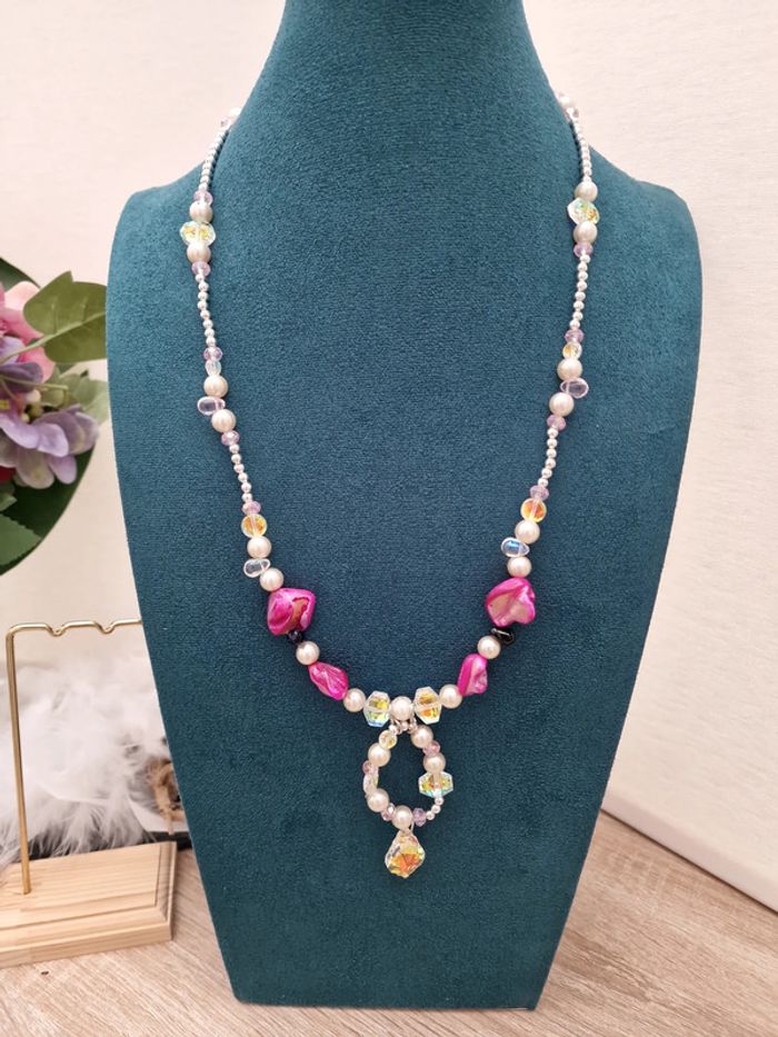 Collier Sautoir Perles Nacrées Perles Cristal Perles Coquillage Fushia - photo numéro 2