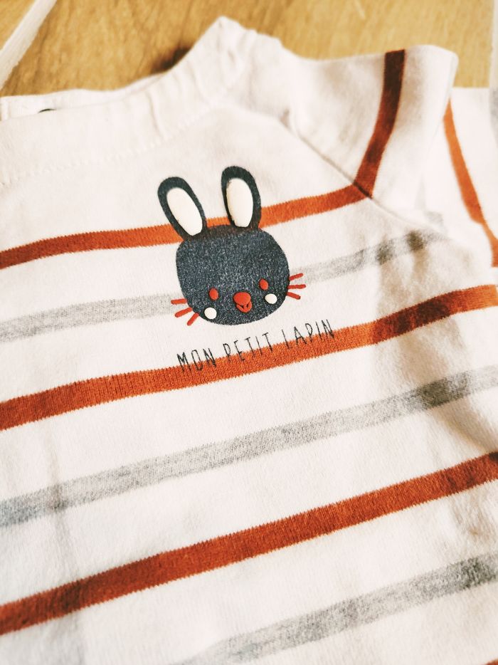 🐰Orchestra - Ensemble salopette marron et t-shirt à rayures motif lapin-taille 18mois - photo numéro 6