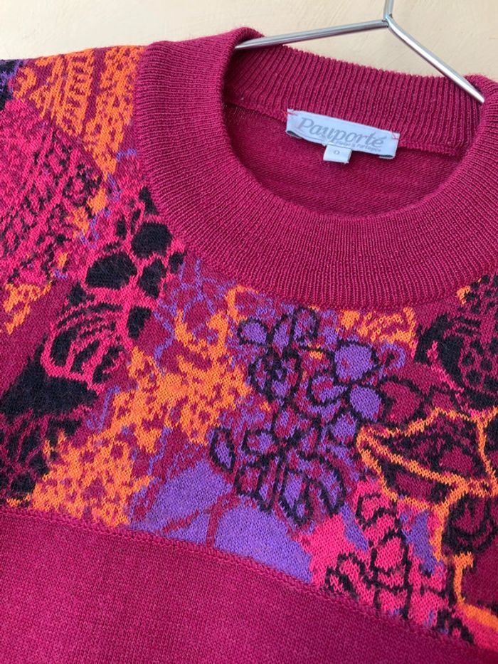 Pull col cheminée fuchsia motifs fleurs vintage T0 - photo numéro 9