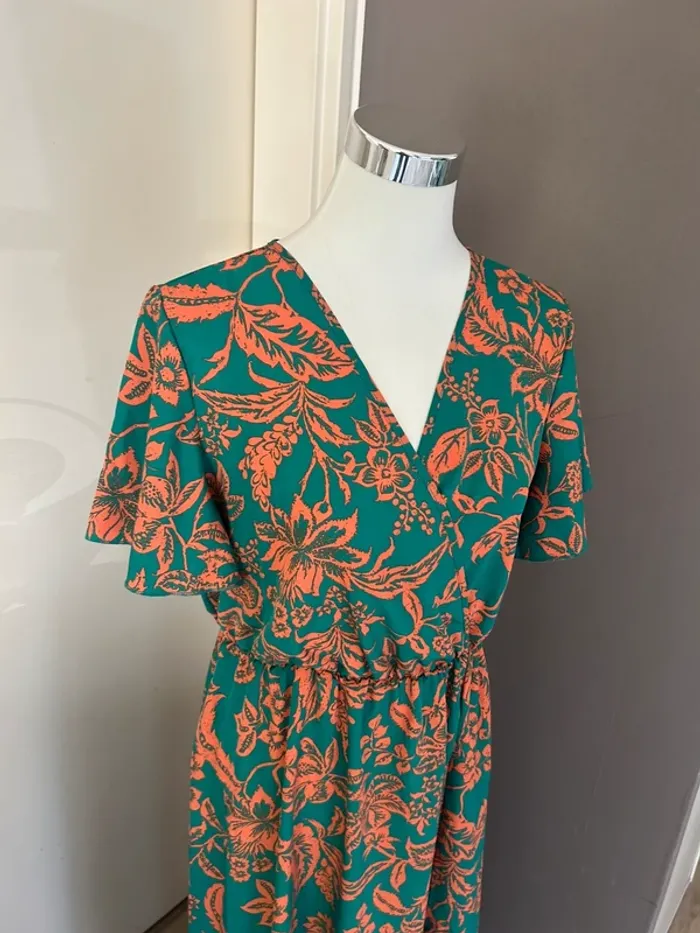 Boutique indépendante, robe, longue imprimée, florale, vert et orange. Femme, taille L/40. - photo numéro 2
