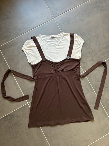 T-shirt manches courtes 2 en 1 crème marron femme pimkie