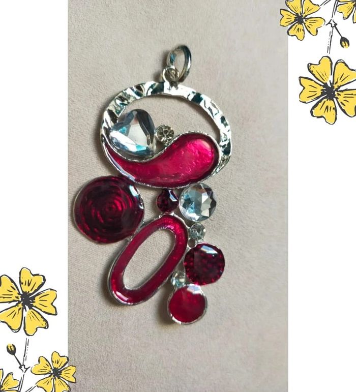 Parure pendentif + boucle – Ronds rouge & argenté avec strass et cœur - photo numéro 2