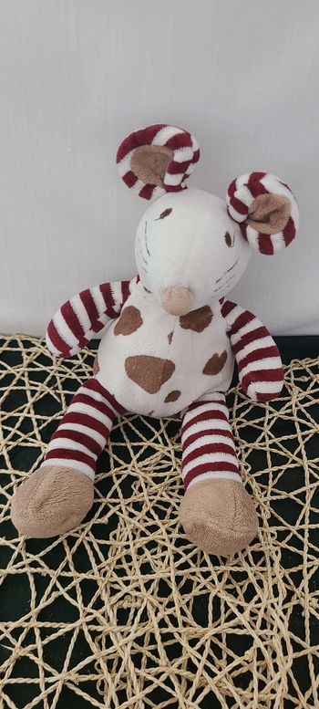 Doudou souris blanche taches marron rayé bordeaux DOUDI