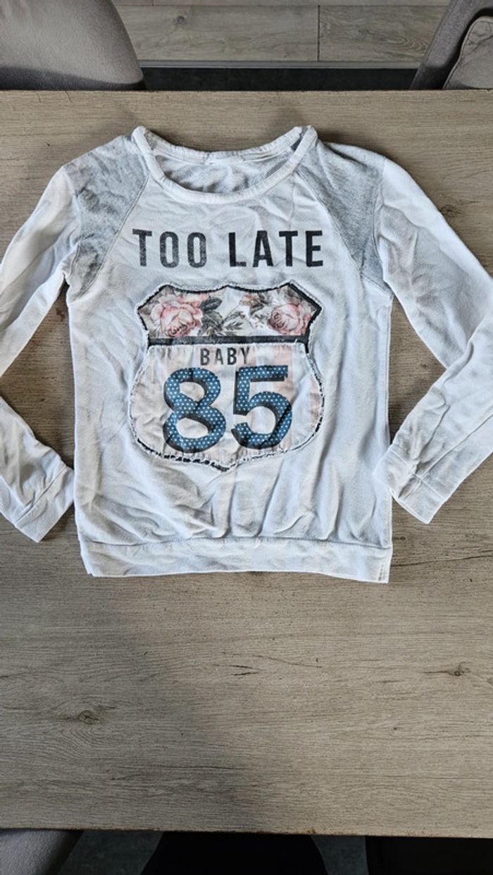 Pull blanc, manches longues, Too Late Baby, Bershka, taille S, nickel - photo numéro 3