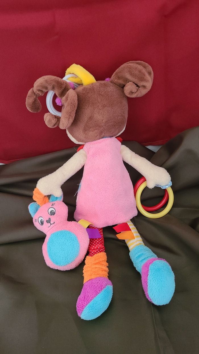 Doudou poupée fille rose rouge jaune orange anneau chat BABY NAT - photo numéro 4