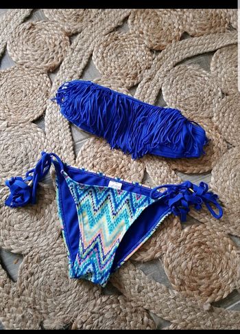 Maillot bleu femme 2 pièces bandeau à franges