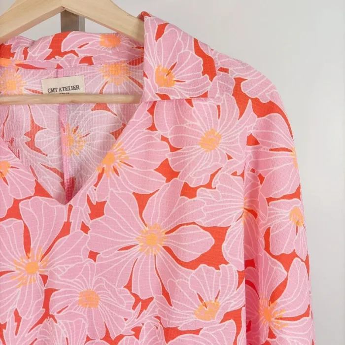 Chemise fluide fleurie rose orange CMT Atelier, col V nouée devant, taille M A516 - photo numéro 4