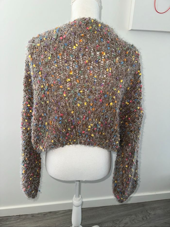 Pull crop top en maille chenille marron et multicolore Vintage Tu - photo numéro 6
