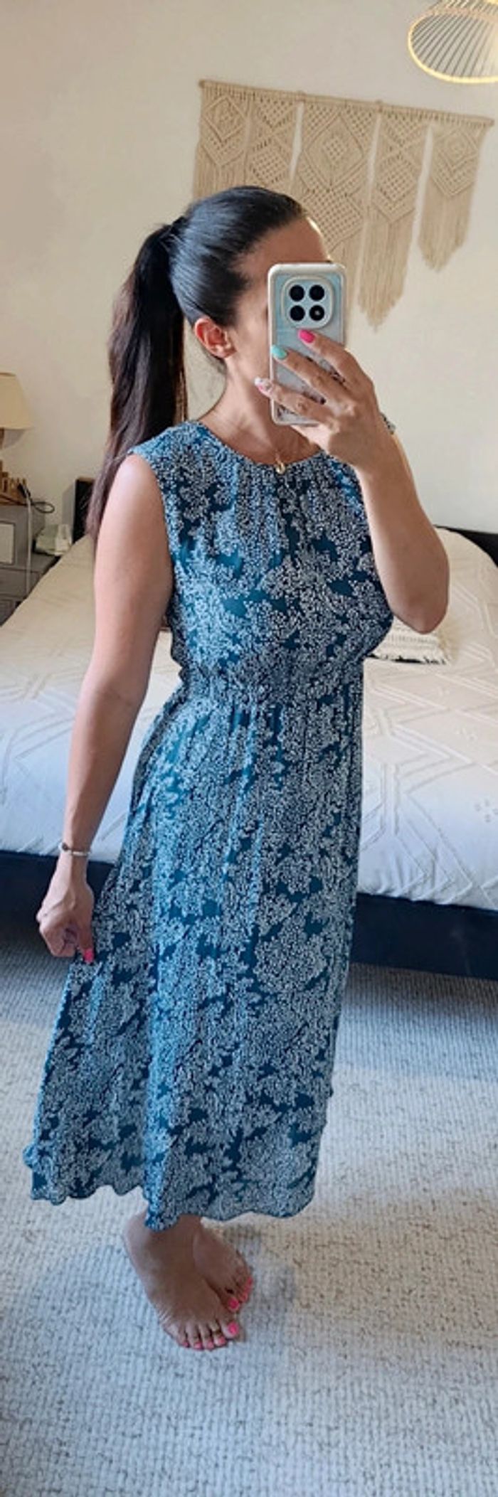 Robe d'été longue Mango S bleu vert motif petites fleurs blanches taille élastique - photo numéro 2