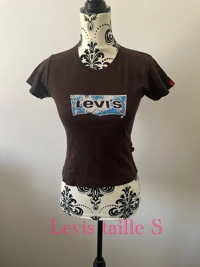 T-shirt court à manches courtes marron motifs blanc et bleu Lévis taille S