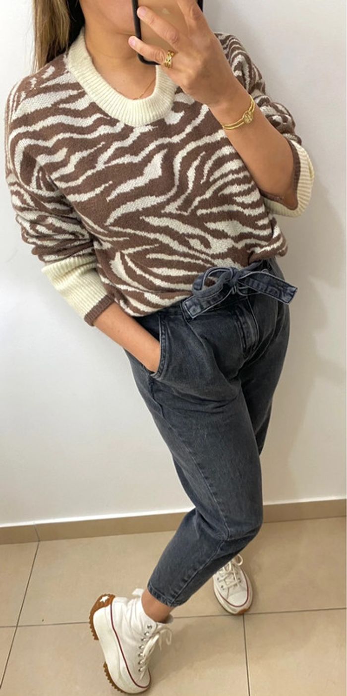 Superbe Pull Oversize Zebré Crème Et Marron Taille Unique - photo numéro 5