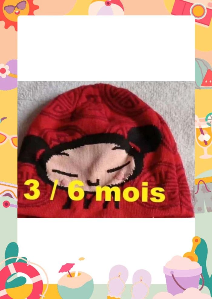 Bonnet  rouge motif  noir rose  Pucca Taille  3 /  6 mois