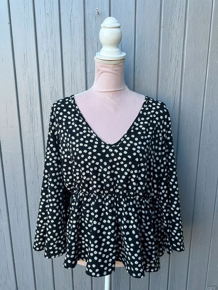 Blouse manches longues légère été noir blanches à fleurs shein curve