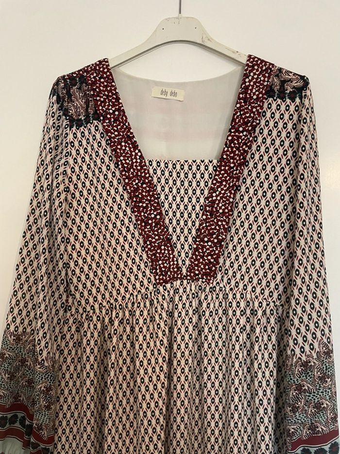 Robe à manches longues col V bas évasé bordeaux noir blanc bleu clair à motifs Deby Debo taille XS - photo numéro 3
