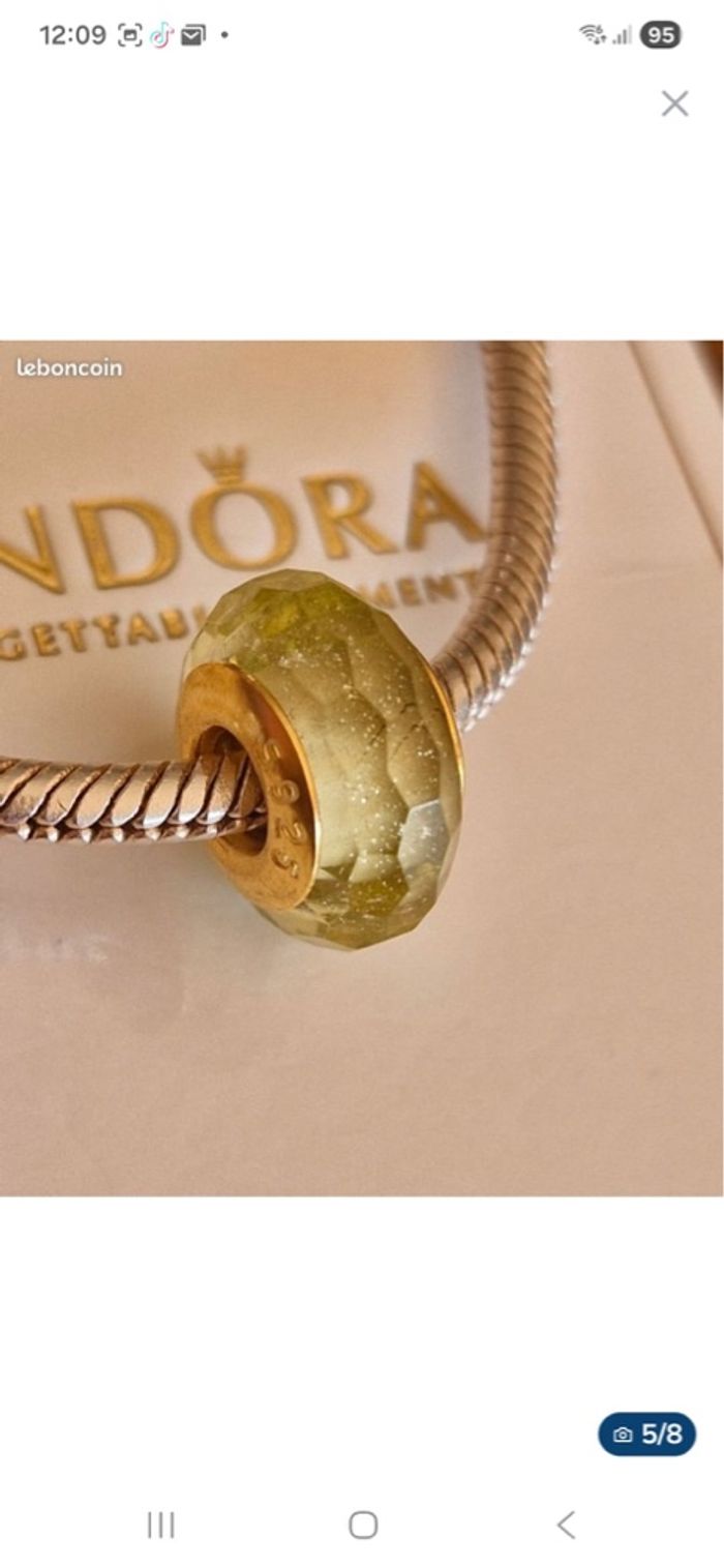 Charm compatible Pandora — verre facetté vert — argent 925 (S925) — cœur doré - photo numéro 3