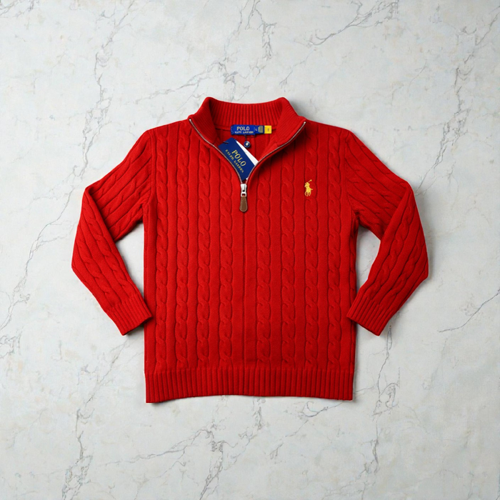 Pull torsadé Half Zip Ralph Lauren - Taille L - Rouge logo brodé jaune - Neuf - photo numéro 2