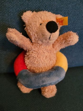RARE Peluche mini petit ours Steiff 13cm bouée Chiné beige étiquette collection ancien debout