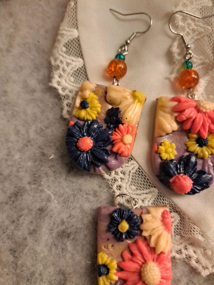 Parrurre boucles d'oreilles et pendentif pâte polymere multicolore florale - photo numéro 8