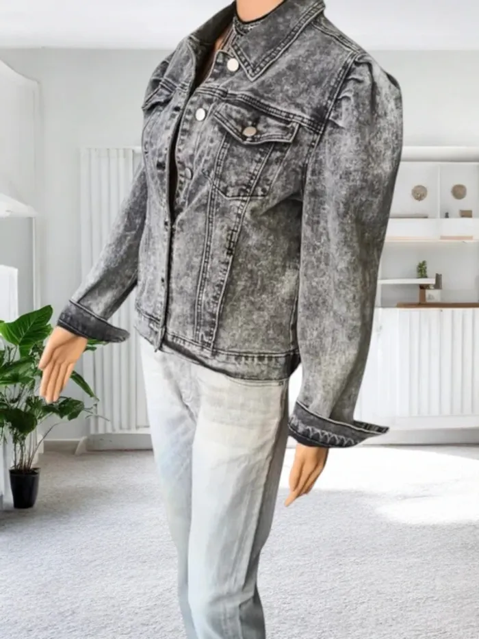 Veste jean Redial ,nuances de gris ,épaules froncés ,coupe droite , stretch - photo numéro 2