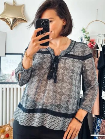 Blouse The Kooples femme noire et blanche imprimée fluide dentelle T38 (M)