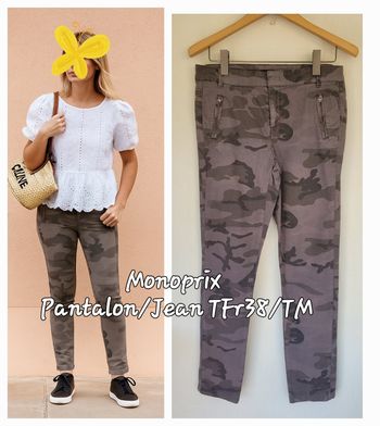 Monoprix Pantalon/Jean Skinny TFr38 -Imprimé Militaire Tons Gris souris avec 4%Élasthanne en TBE