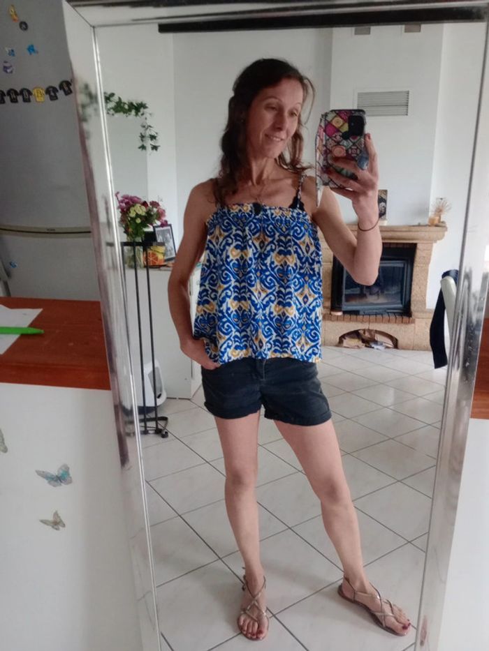 Top femme 40 bleu et moutarde c69 - photo numéro 1