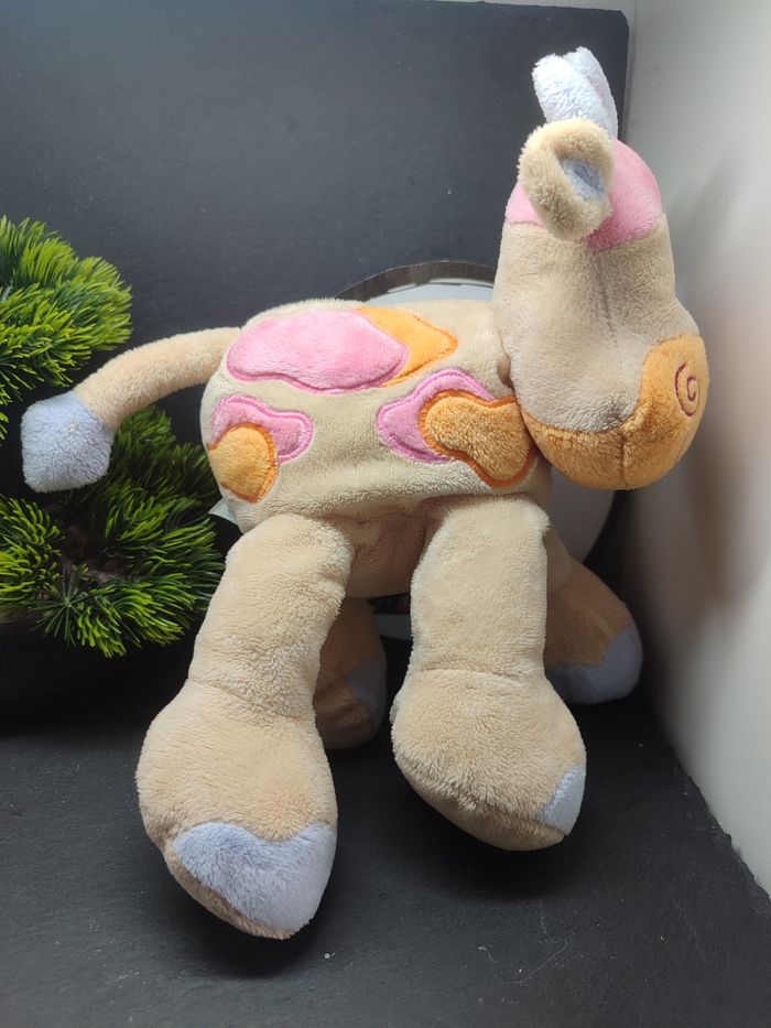 PE0292 Doudou girafe vache beige taches orange rose peluche Nattou ancien bleu - photo numéro 2