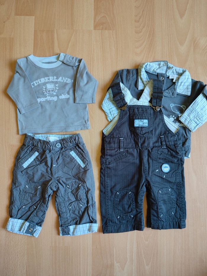 Lot salopette + polo + pantalon assortis Petit Kimbaloo+ t-shirt manches longues en 1M
