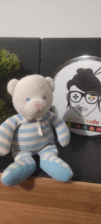 Doudou hochet luminou ours rayé  blanc rayures bleu Jemini Éponge Noeud Ancien