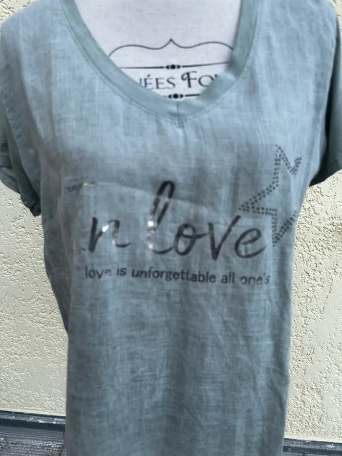 🌿 T-shirt kaki neuf - Angeles Llaz - Lin & détails argentés - Taille M - photo numéro 10