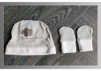 bonnet + gant bébé gris rayé blanc Boite à malice 0 mois/50cm