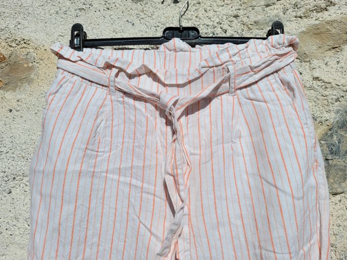 Superbe pantalon en lin Gémo,  crème à rayures abricot, 16 ans, neuf - photo numéro 2