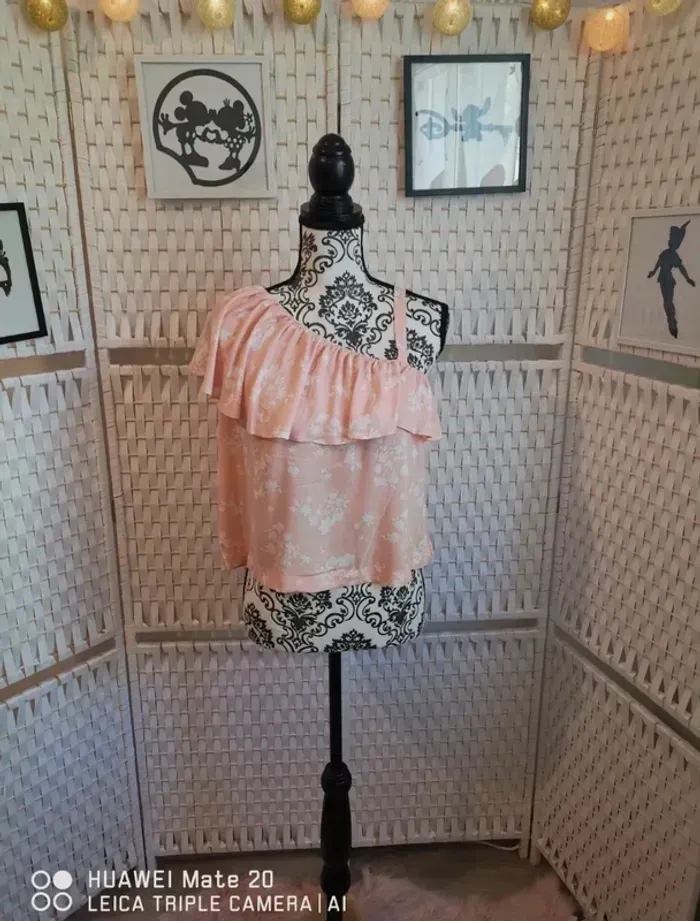 💕Joli Top asymétrique rose fleuri Benetton - femme Taille M / 38💕