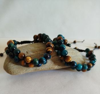 Deux bracelets homme et femme en pierre naturelle d'oeil de tigre bleu