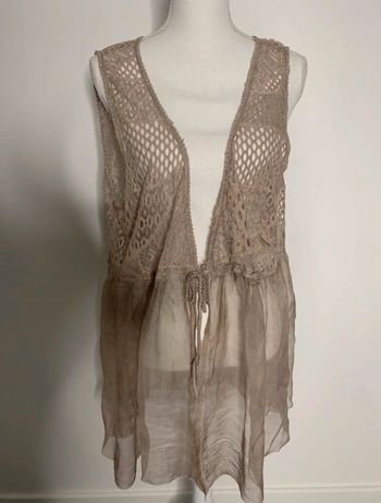 Cardigan long sans manche crochet et voile beige sable bohème Y2K TU