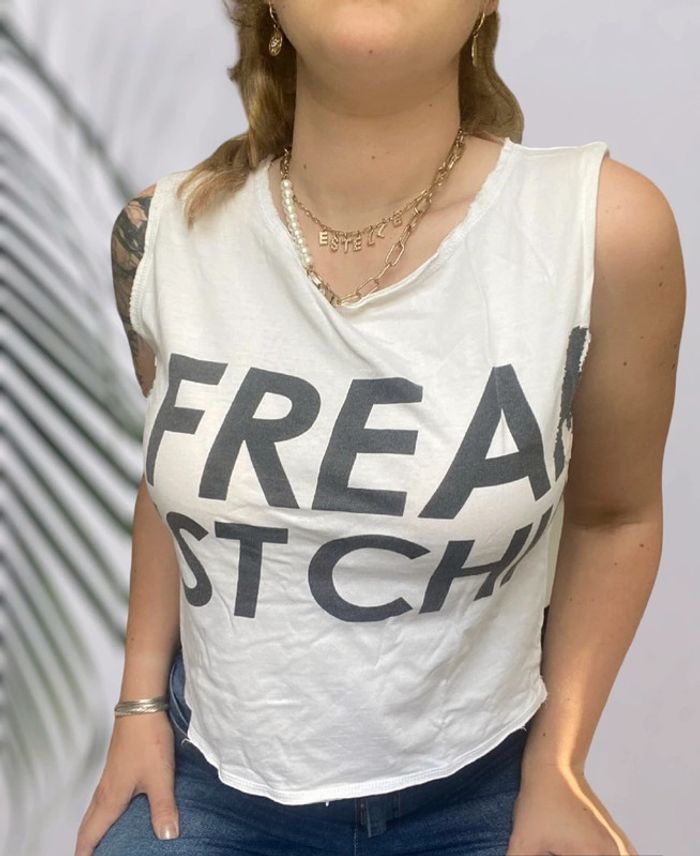 Top oversize blanc avec imprimés noirs Dieforit taille S très bon état - photo numéro 3