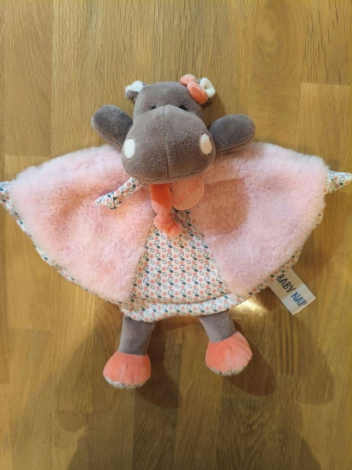 Doudou Semi Plat Hippopotame Zoé Zoe Blanc Rose Mauve Baby Nat Babynat