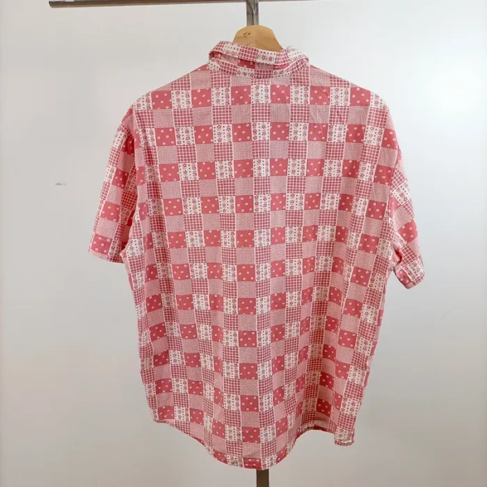 Chemise vintage New Man à manches courtes imprimé carreaux patchwork rouge et blanc A1521 - photo numéro 7