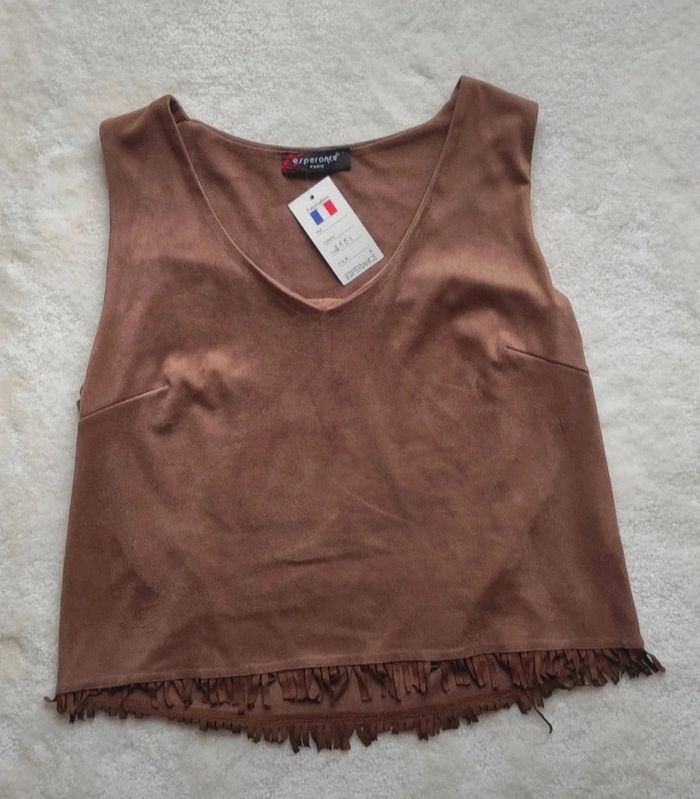 Débardeur Top en daim à franges marron neuf Esperance Paris croc top indien Pocahontas - photo numéro 5