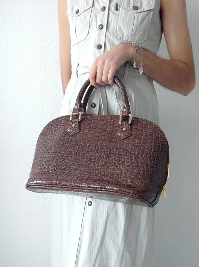 Sac à main marron cuir vernis bandoulière amovible écaille vintage / Lucia Tommasi - 33x24x17cm - photo numéro 4