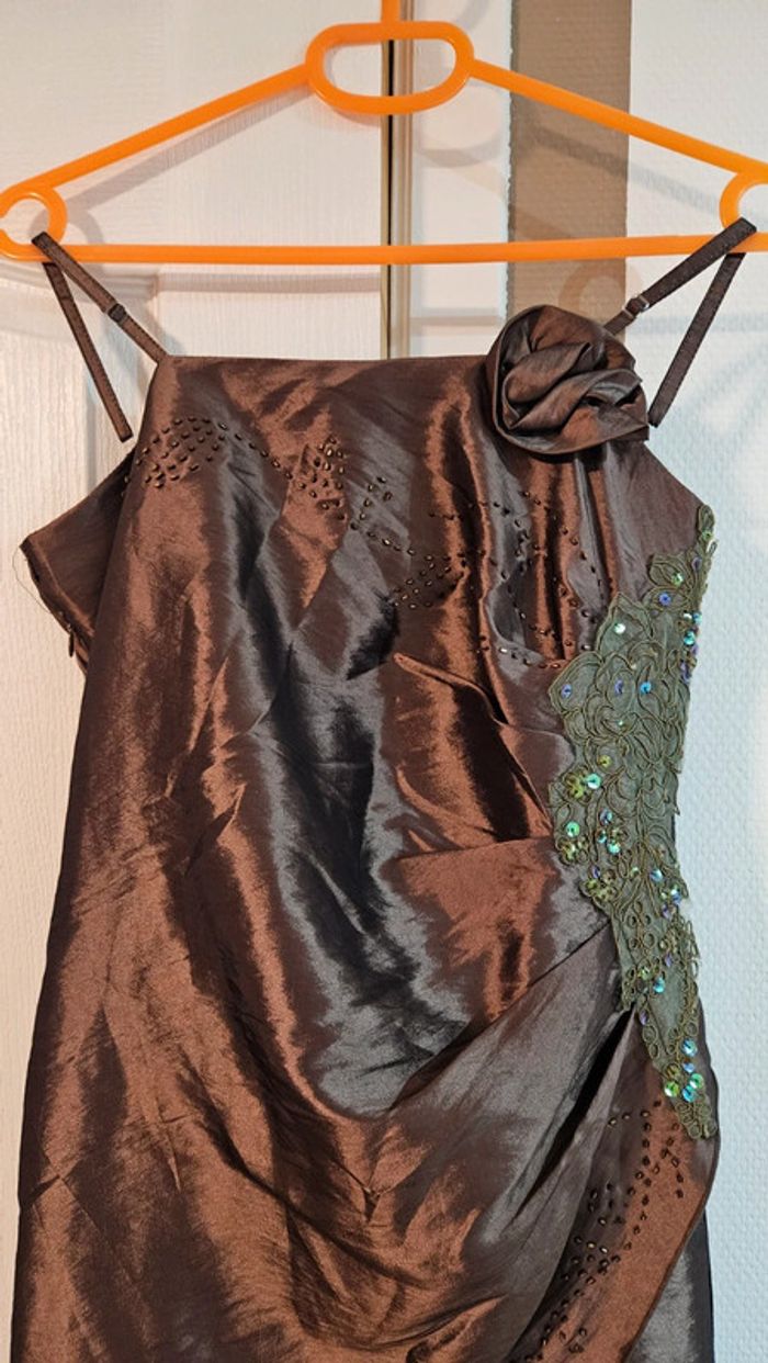 Robe longue de soirée brun satiné, à bretelles, Envie Collection, XL - photo numéro 3