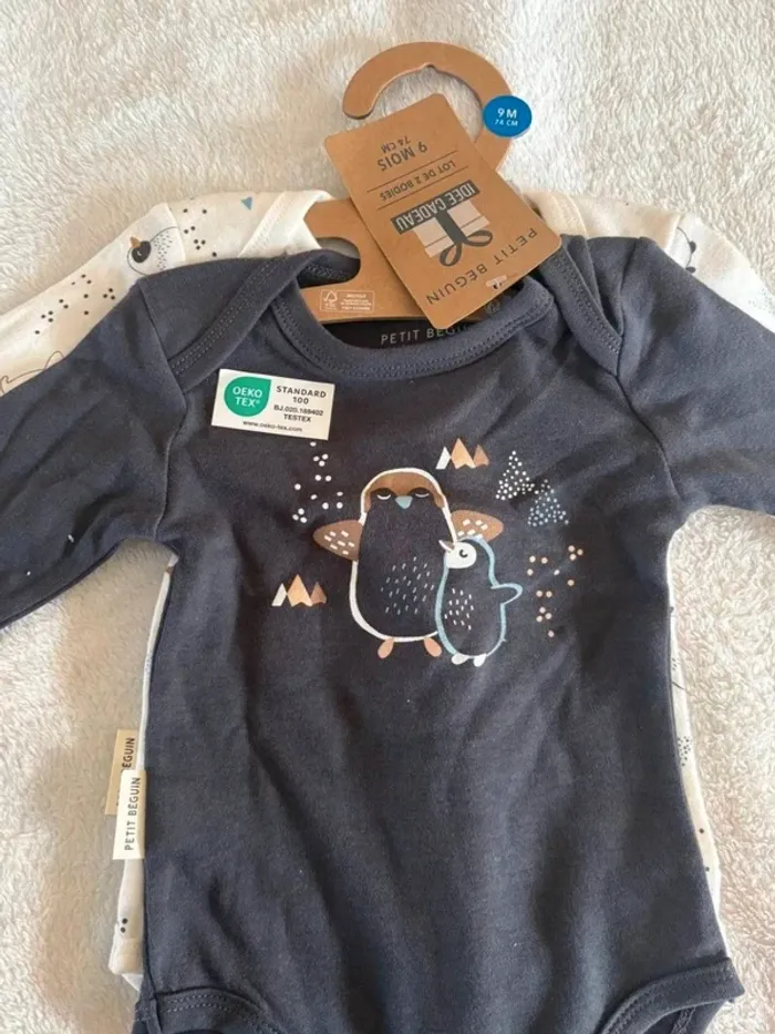 Lot de 2 bodies bébé manches longues – Petit Béguin – 9 mois (74 cm) - photo numéro 2