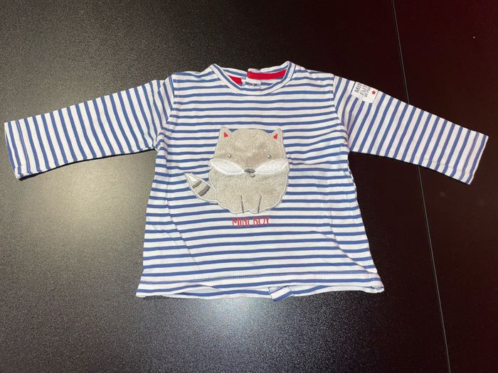 T-shirt manches longues rayé blanc et bleu taille 9 mois motif animal