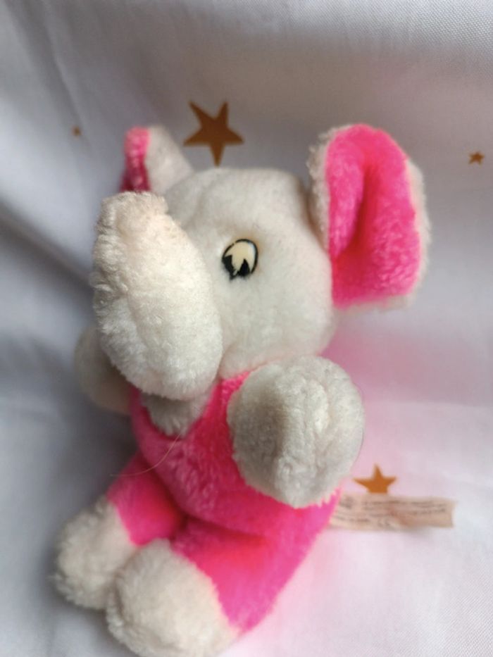 Petite petit small peluche plush Teddy éléphant rose fluo pink bouclette boulgom easy vintage blanc - photo numéro 5