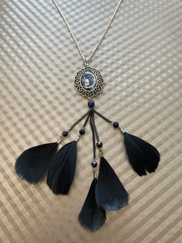Collier cabochon plume noir - photo numéro 2