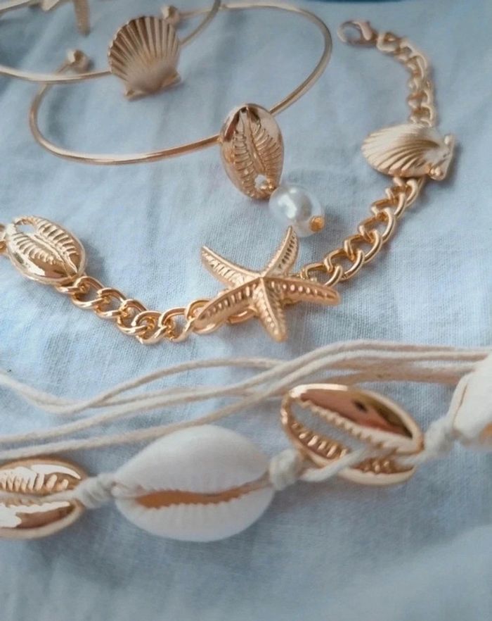 A47 lot de 5 bracelet gourmette bohème nature coquillage doré or tendance réglable - photo numéro 2